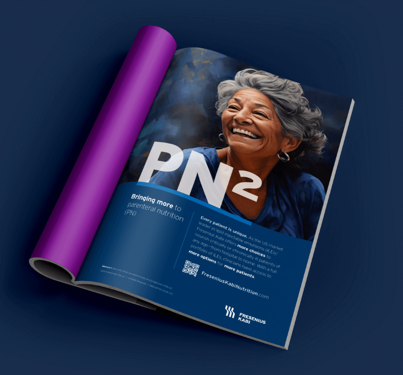 A visually appealing magazine with a smiling elderly woman and info about parenteral nutrition on a blue background.