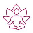 A circular icon with a pink outline shows a person meditating in a lotus position, with a lotus flower behind them.